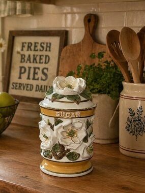 Vintage K&K Golden Magnolia Floral Sugar Canister Kitchen Set Ceramic